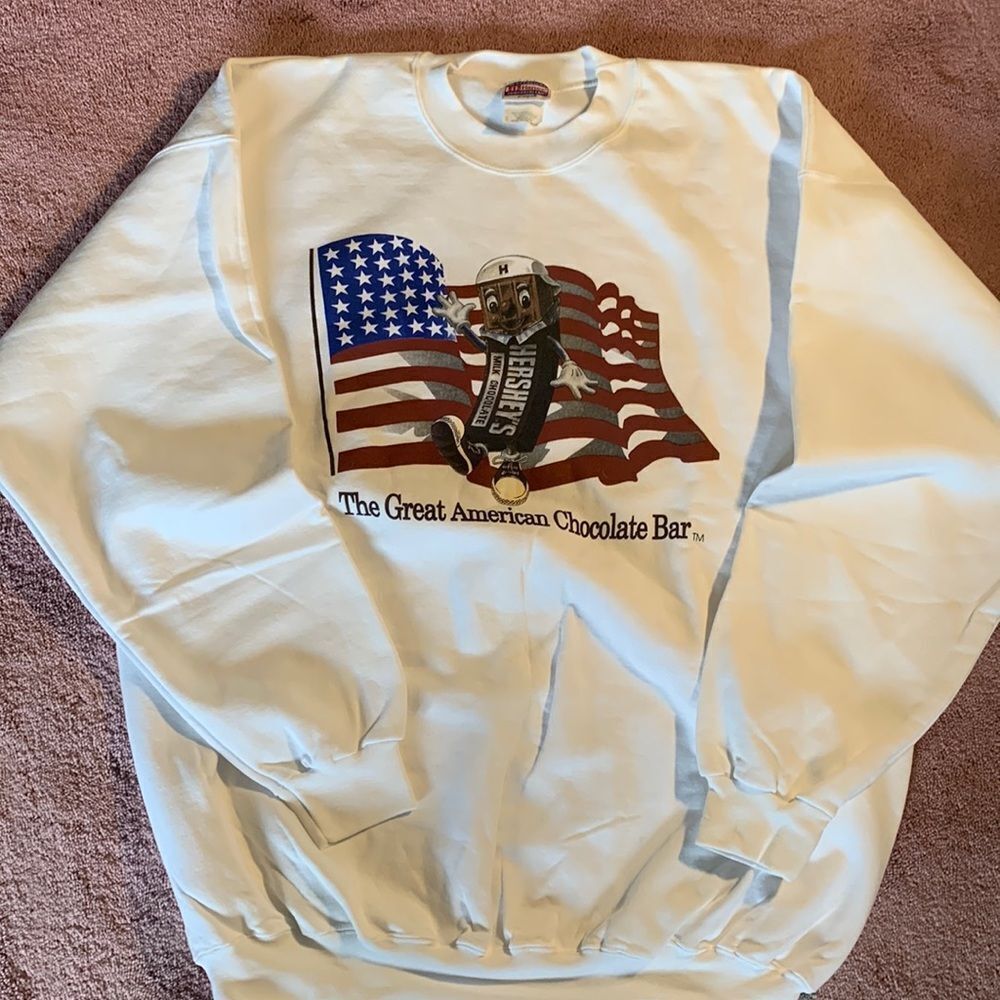 Vintage Hanes Hershey's Chocolate Bar American Flag Sweatshirt White‎ XL